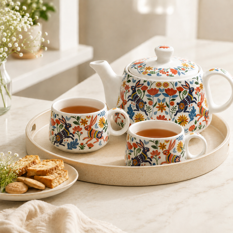 Bunny Floret Morning Tea Set: 1000ML Teapot & 6 Cups (150ML)