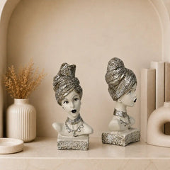 Artistic Ethnic Silver Lady Sculptural Bust Pair – Decorative Statues