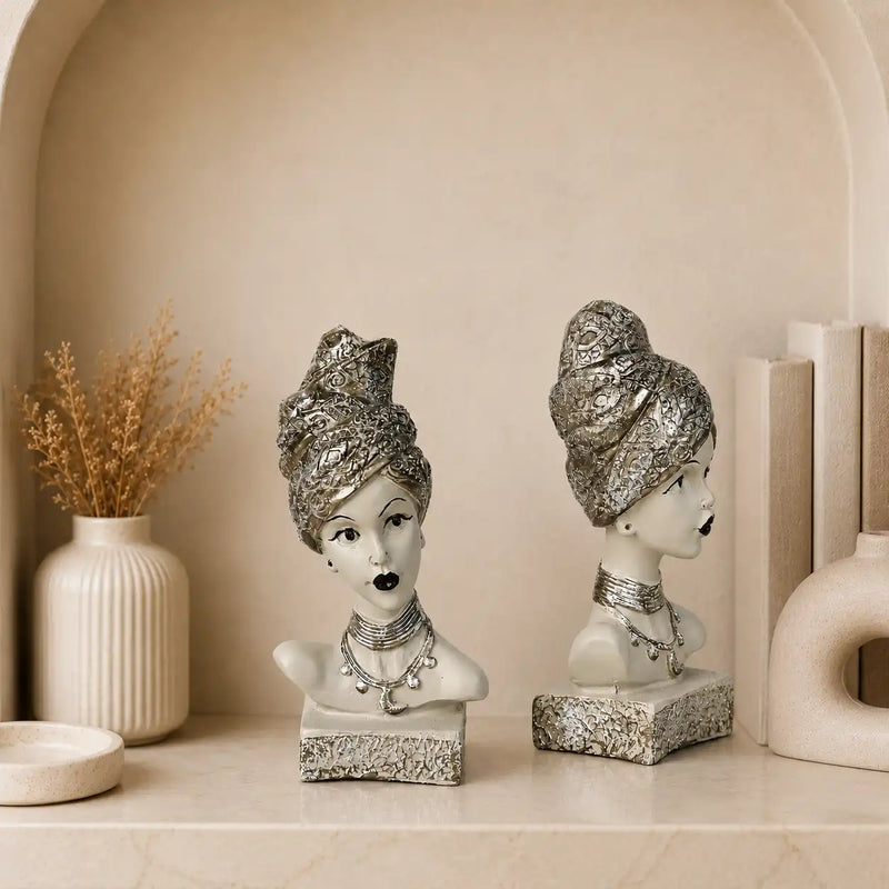 Artistic Ethnic Silver Lady Sculptural Bust Pair – Decorative Statues