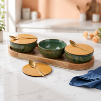 Glam Green Ceramic Bowl Serving Set 3 Bowls, 1 Tray, 3 Spoon and 3 Coaster