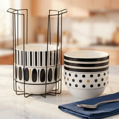 Ink Bliss Ceramic Stackable Bowl Set of 4 with Stand | Space Saver Bowl