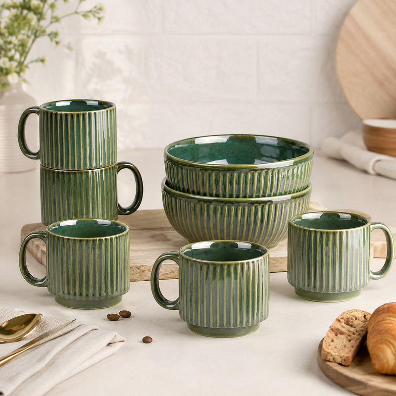 Glam Green Ceramic 2 Snack Bowl & 6 Tea Cup Combo