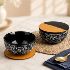 Black Artvine Ceramic Snack Bowl Set of 2 – 500ML with Lid