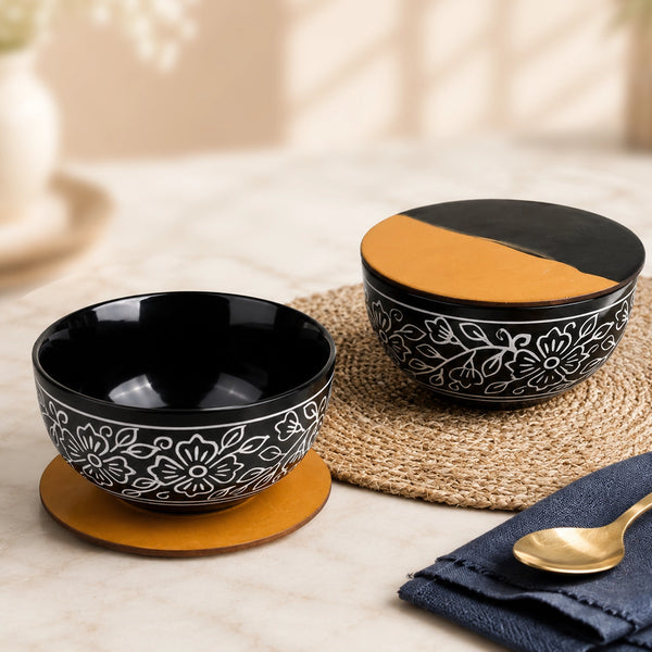 Black Artvine Ceramic Snack Bowl Set of 2 – 500ML with Lid