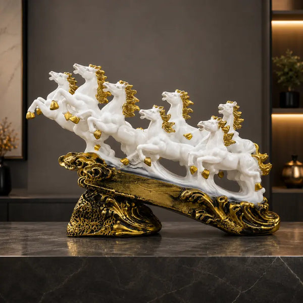 Majestic White & Gold Galloping 7 Horse Sculpture