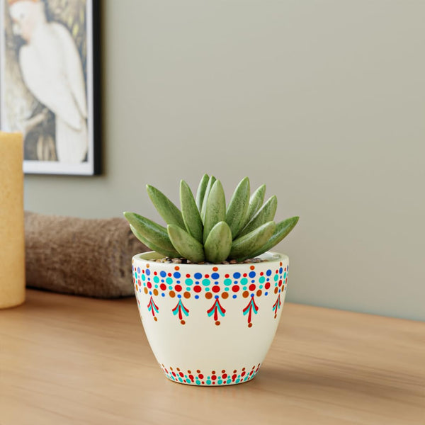 White Tribal Dotted Ceramic Clay Pots - The Earth Store - Planter