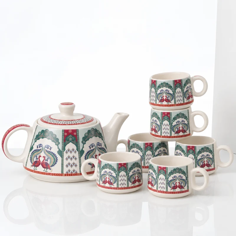 Peagal Ceramic Tea Set With 6 Cups and Kettle