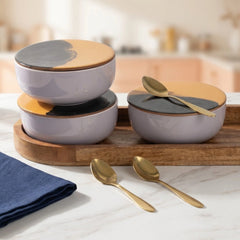 Solid Lavender Ceramic Bowls Serving Set – 3 Bowls, 3 Coaster, 3 Spoon and 1 Tray