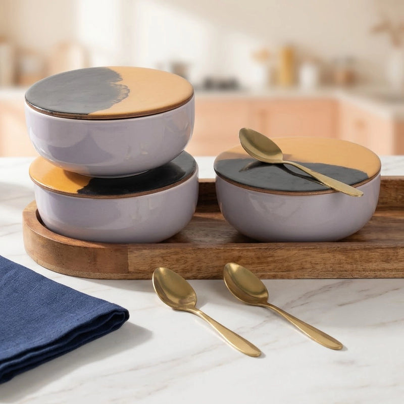 Solid Lavender Ceramic Bowls Serving Set – 3 Bowls, 3 Coaster, 3 Spoon and 1 Tray