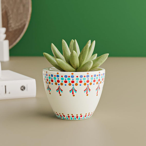 White Tribal Dotted Ceramic Clay Pots - The Earth Store - Planter