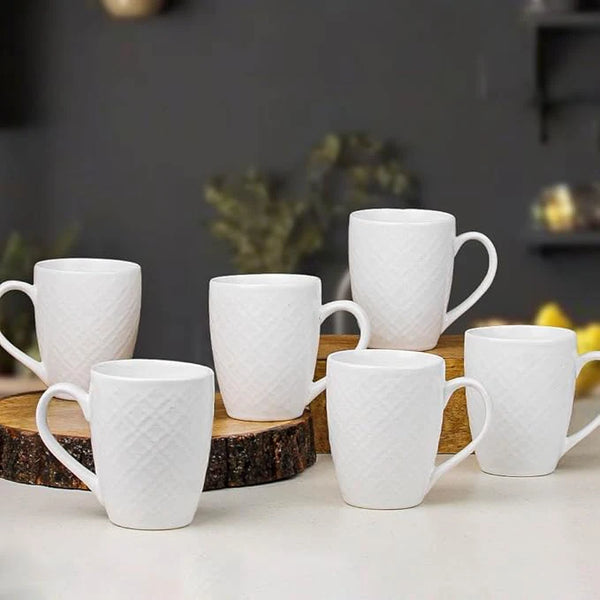 White Check Ceramic Coffee Mugs Set of 6