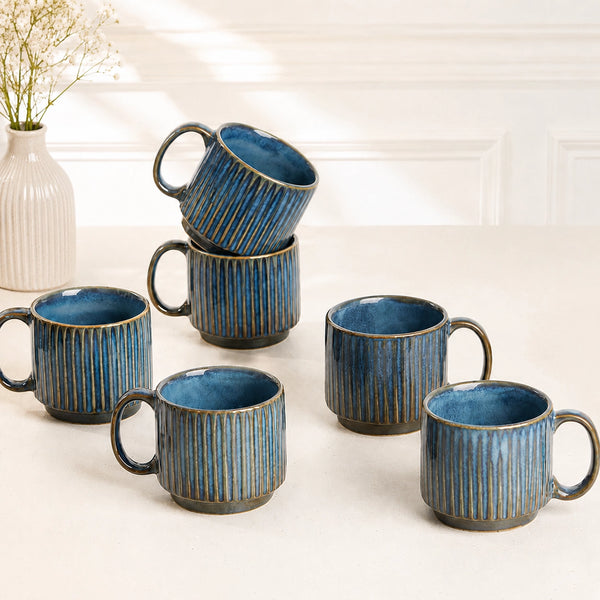 Glam Blue Fringe Stackable Ceramic Tea Cup Set of 6, 160 ML