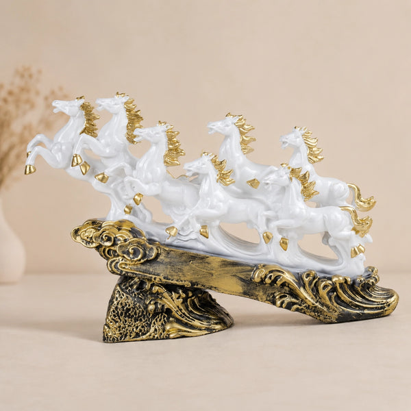 Majestic White & Gold Galloping 7 Horse Sculpture