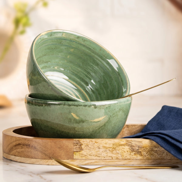 Sage Green Ceramic Bowl Serving Set 2 Bowls, 1 Tray, and 2 Spoon
