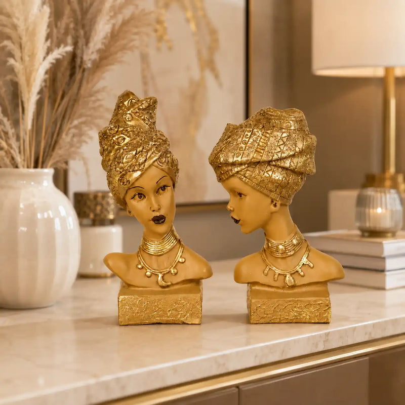 Artistic African Lady Sculptural Bust Pair – Decorative Gold Statues Set of 2