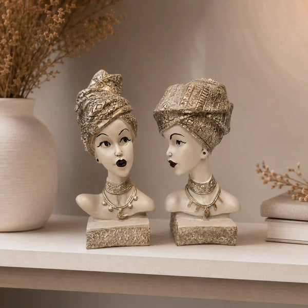 Artistic Ethnic Silver Lady Sculptural Bust Pair – Decorative Statues
