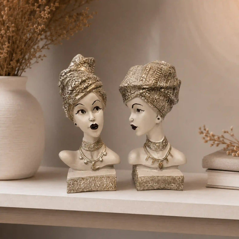 Artistic Ethnic Silver Lady Sculptural Bust Pair – Decorative Statues