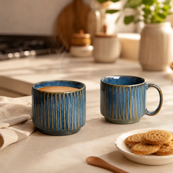 Glam Blue Fringe Stackable Ceramic Tea Cup Set of 6, 160 ML