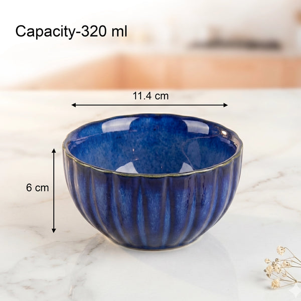 Blue Ribbed Ceramic Bowl Serving Set 2 Bowls, 1 Tray, and 2 Spoon