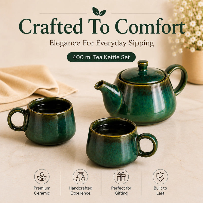 Green Glaze Ceramic Tea Set | Kettle & 2 Cups (400ml)