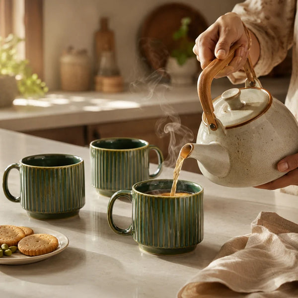 Glam Green Ceramic 2 Snack Bowl & 6 Tea Cup Combo