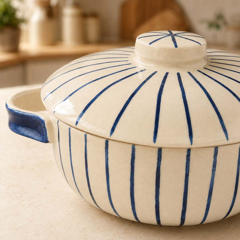 Blue Stripe Ceramic Casserole with Lid, 900ml