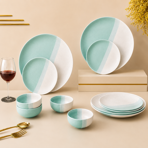 TT Green Matte Ceramic Dinner Set 12 Piece for Family of 4