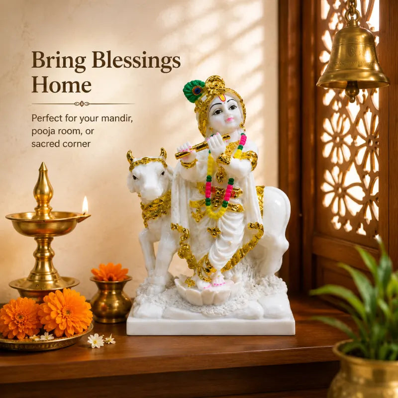 Krishna Idol: Premium White & Gold Spiritual Decor