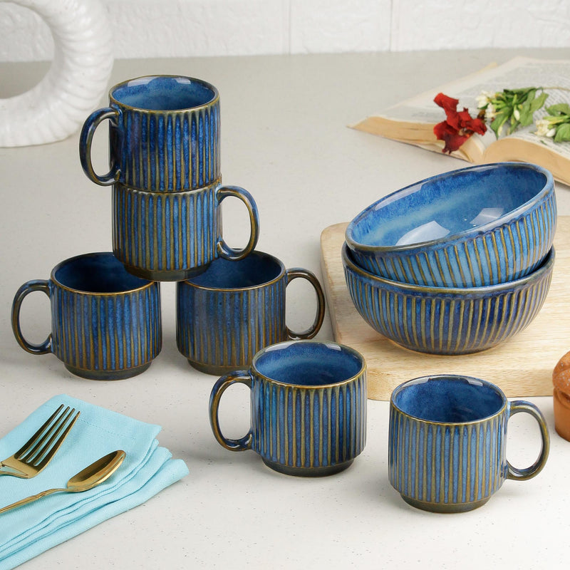 Glam Bue Ceramic 2 Snack Bowl & 6 Tea Cup Combo