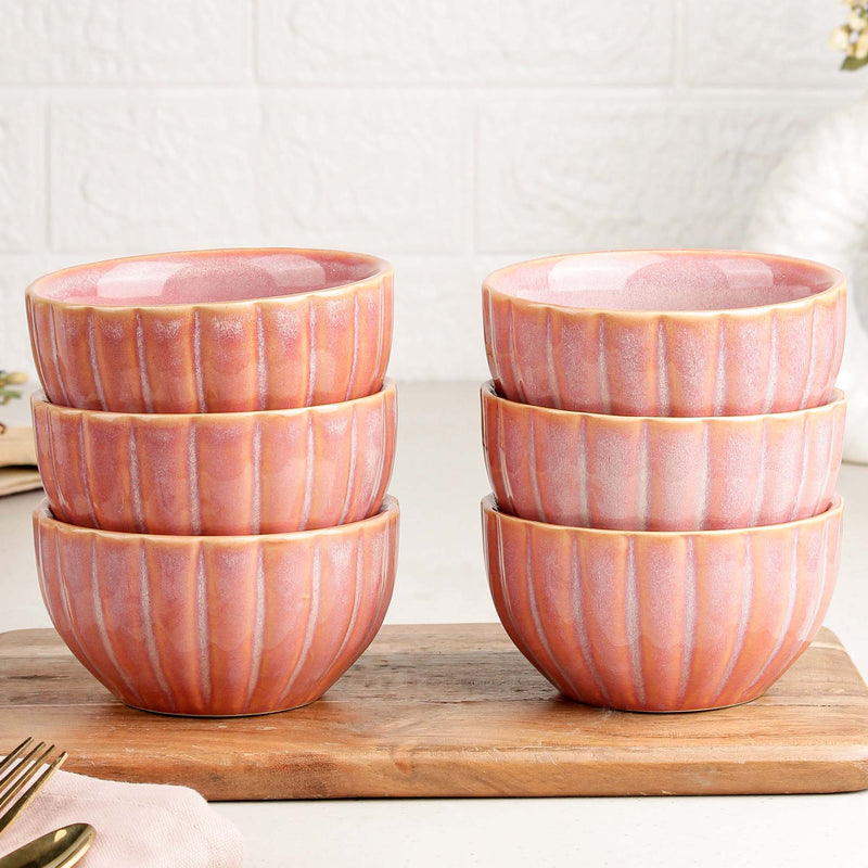 Pink Ribbed Ceramic Snack Bowl Set of 6 – 320ML