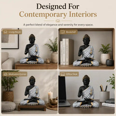 Meditating Buddha Statue in Premium Black & Silver with Gold Accents