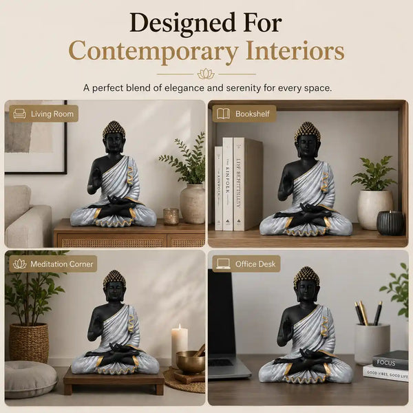 Meditating Buddha Statue in Premium Black & Silver with Gold Accents