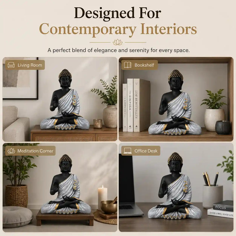 Meditating Buddha Statue in Premium Black & Silver with Gold Accents