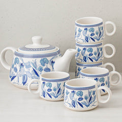 Blue Petals Ceramic Tea Kettle Cup Set of 6