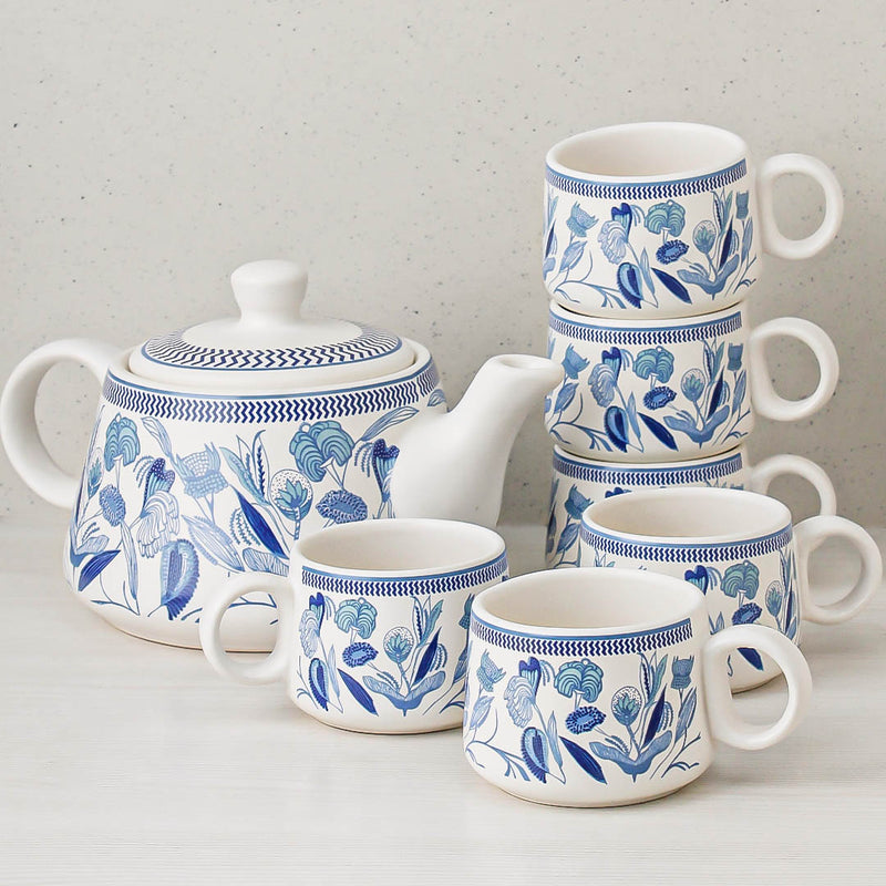 Blue Petals Ceramic Tea Kettle Cup Set of 6