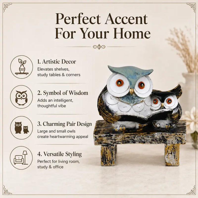 Wisdom & Learning Owl Pair Sculpture on Rustic Bench