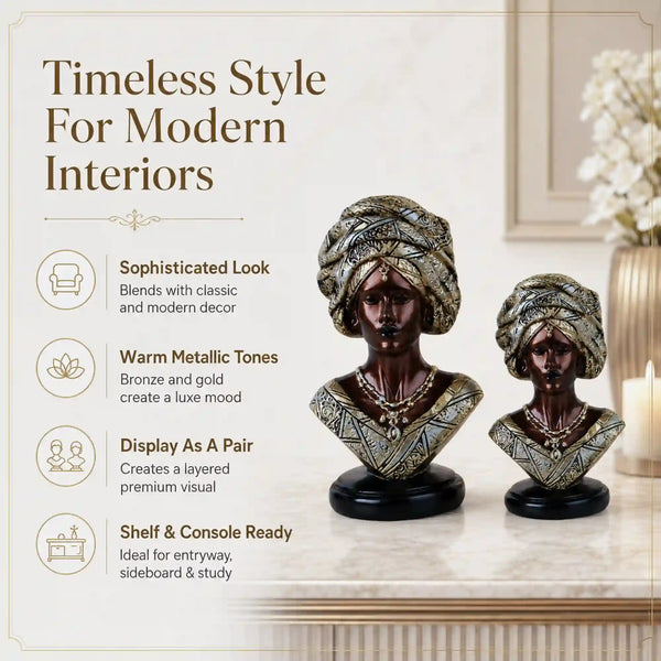 Majestic Bronze & Blue Sculptural Bust Pair (Set of 2)