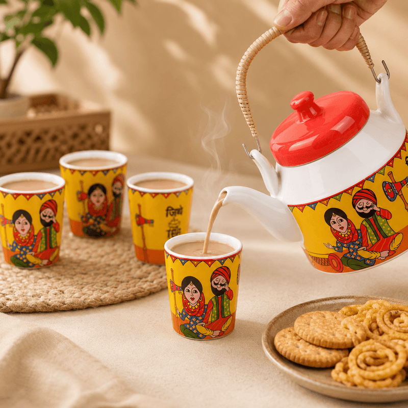 Traditional Punjabi Ceramic Tea Set – “Jitthe Tea Utthe Me” Kettle with 6 Tea Glasses