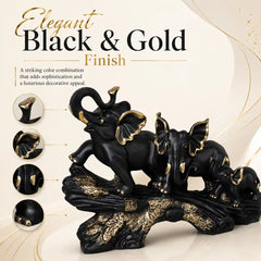Majestic Black & Gold Elephant Family Sculpture