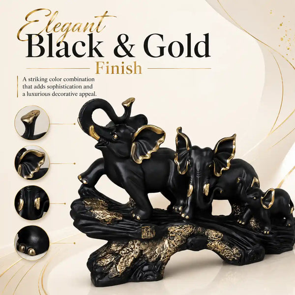 Majestic Black & Gold Elephant Family Sculpture