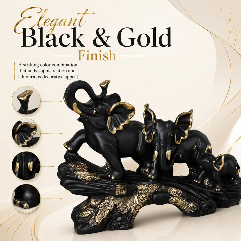 Majestic Black & Gold Elephant Family Sculpture