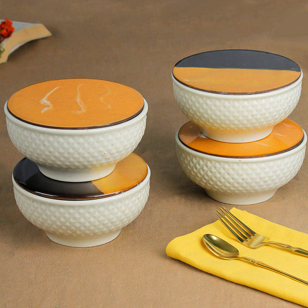 Cream Star Ceramic Bowl Set of 4 – 580ML with Lid
