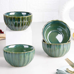 Green Ribbed Ceramic Bowl Set of 4, 320ML