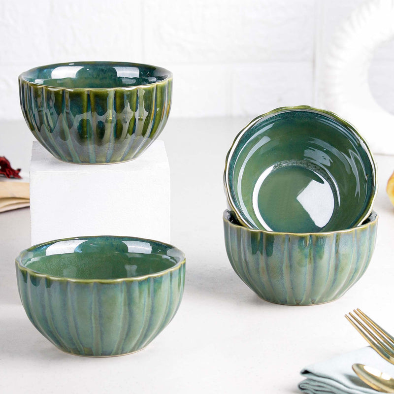 Green Ribbed Ceramic Bowl Set of 4, 320ML