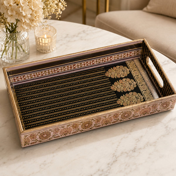 Royal Heritage Black & Gold Wooden Serving Tray Set of 3