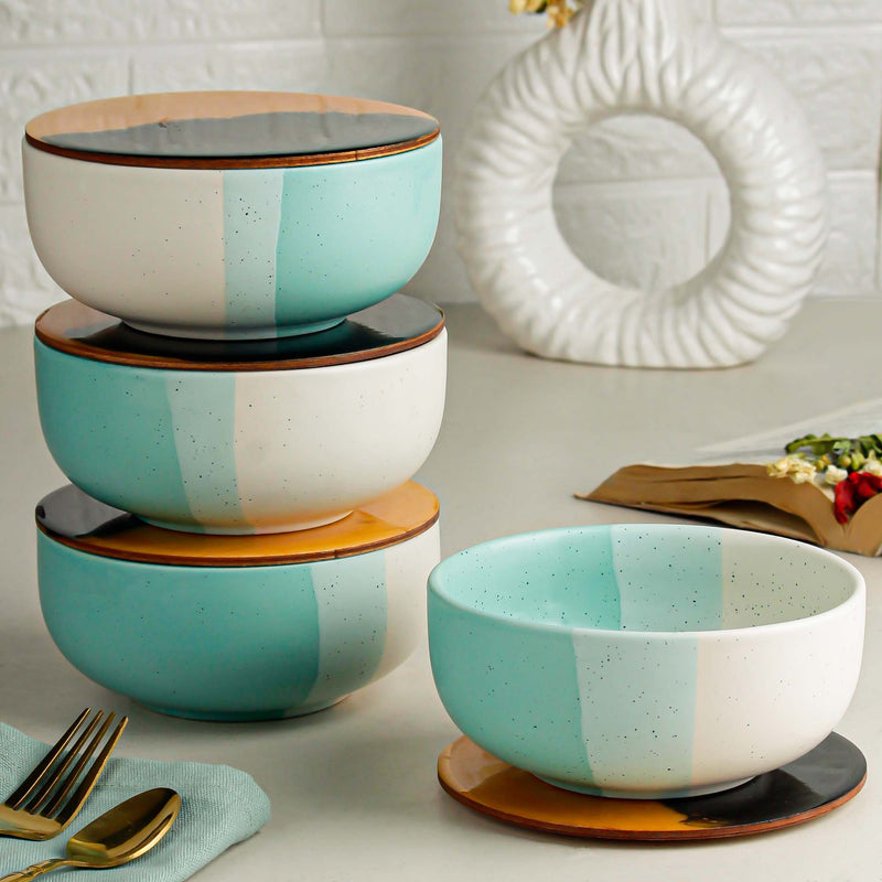 Green Matte Ceramic Bowl Set of 4 – 500ML with Lid