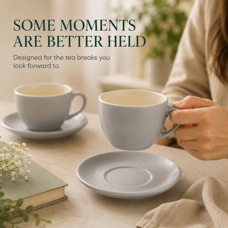 Solid Grey Ceramic Cappuccino Cup & Saucer Set of 4