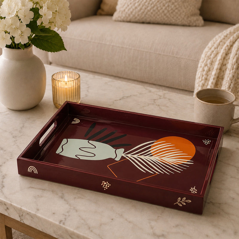 Brown Abstract Botanica Wooden Serving Tray Set of 3