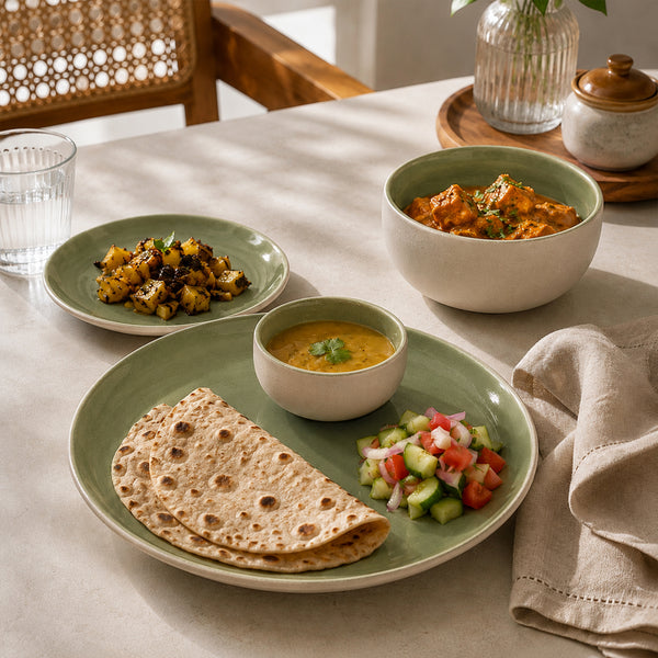 Organic Green Ceramic Dinner Set - 21 Pieces with Serving Bowls