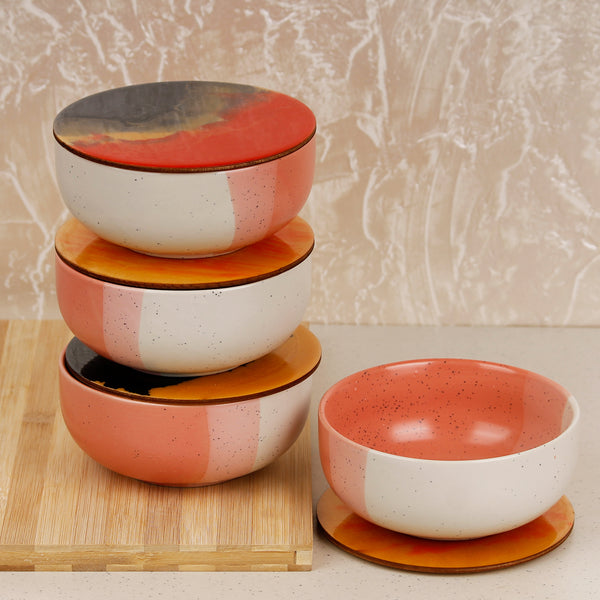 Tritone Pink Matte Ceramic Bowl Set of 4 – 500ML with Lid